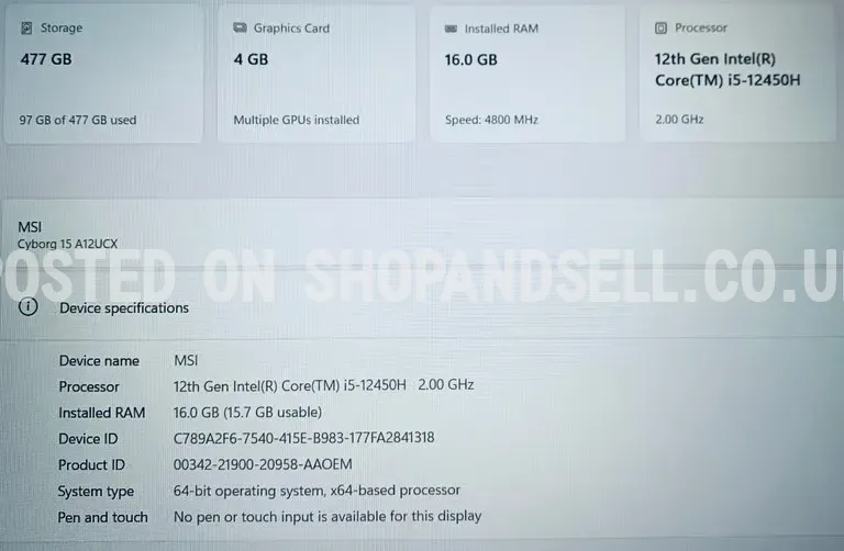MSI i5 12thGen 16GB 512GB SSD UltraFast Gaming Slimline 144hz Laptop, RTX 4GB Graphics