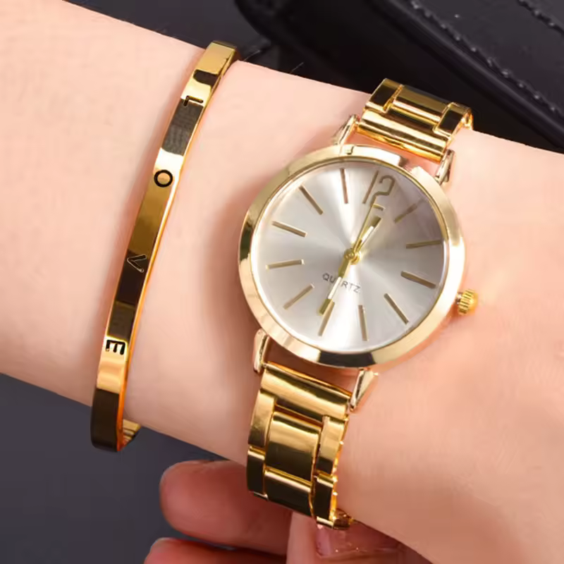 2pcs Set Watch Luxury Women Simple Dial Hollow Strap
