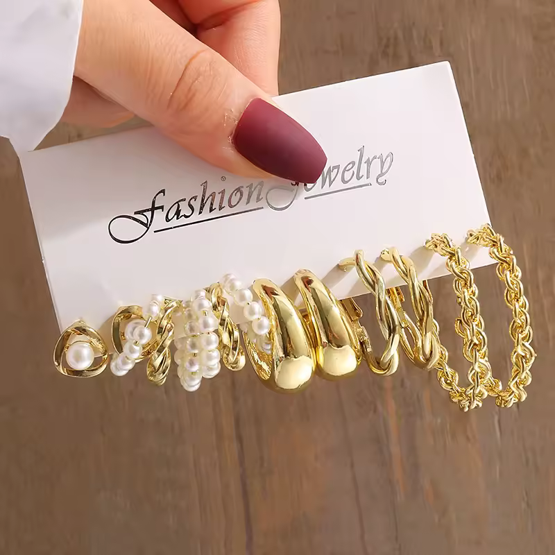 Gold Color Vintage Geometry Pearl Earrings Set