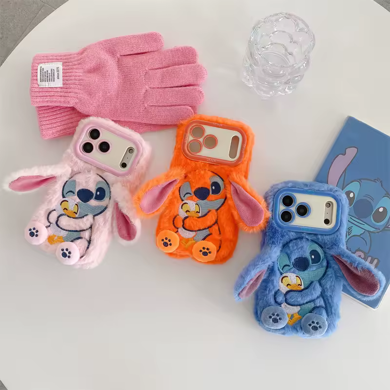 3D Ears Cartoon Embroidered Stitch Angel Plush Phone Case for iPhone 17 