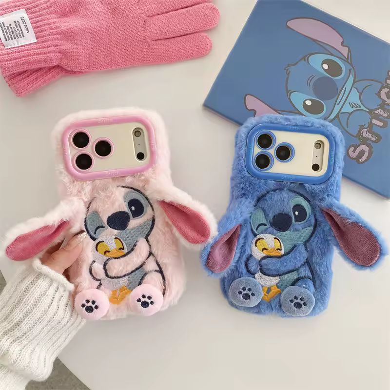 3D Ears Cartoon Embroidered Stitch Angel Plush Phone Case for iPhone 17 