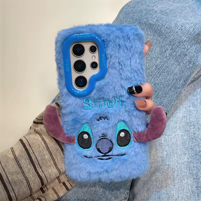Cute Cartoon Stitch Embroidered With Lens Holder Plush Phone Case