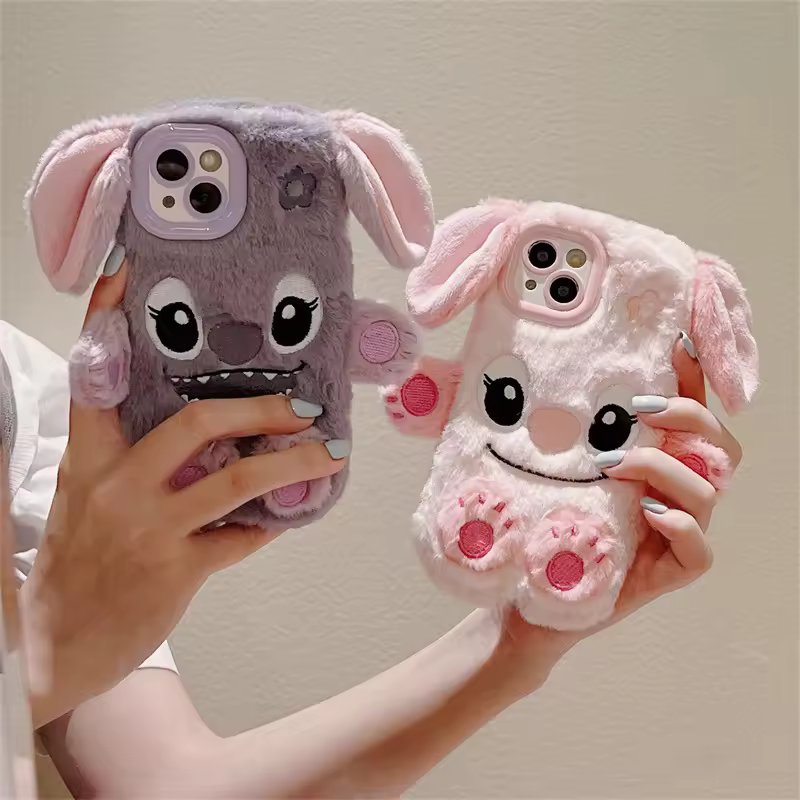 3D Cute Cartoon Stitch Warm Fluffy Fur Plush Phone Case For iPhone
