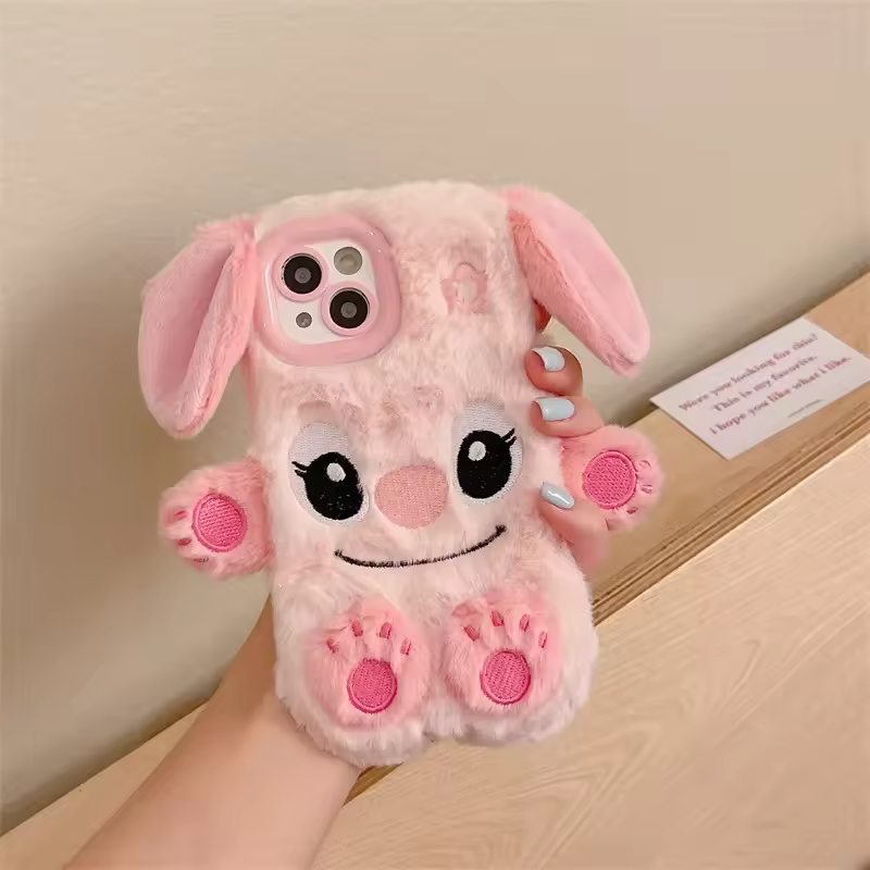 3D Cute Cartoon Stitch Warm Fluffy Fur Plush Phone Case For iPhone