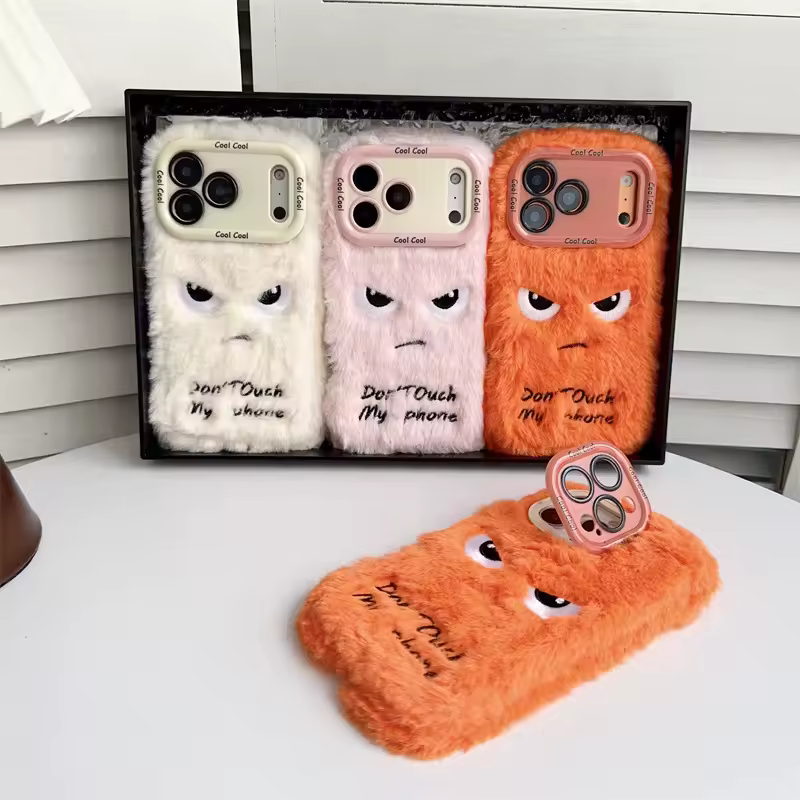 Cartoon Angry Face Expression Fluffy Plush Phone Case For iPhone 