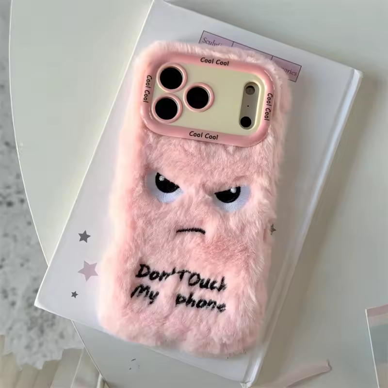 Cartoon Angry Face Expression Fluffy Plush Phone Case For iPhone 