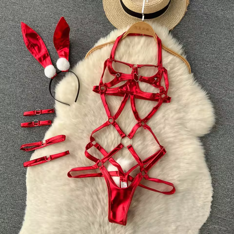  Women's Short Dress Sexy Body cone Plush Red Dress Cross Strap Halter Neck Erotic Mini Dress