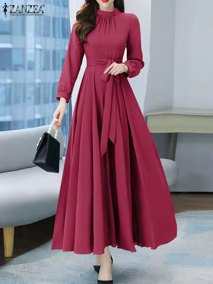  Women Long Sleeve A-line Sundress Spring Long Dress