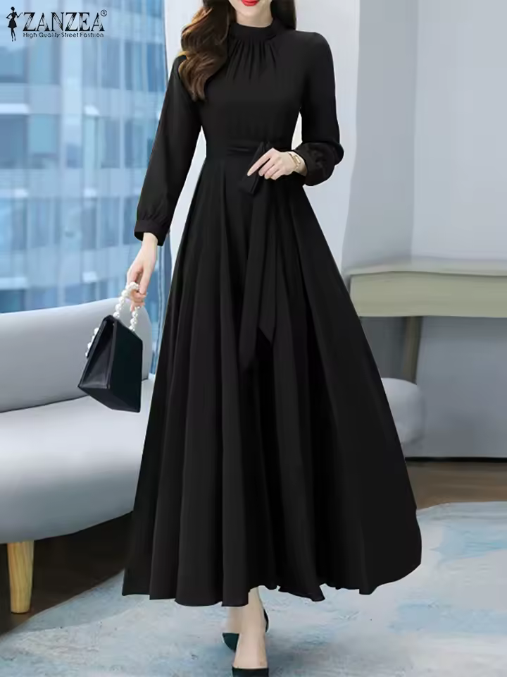  Women Long Sleeve A-line Sundress Spring Long Dress