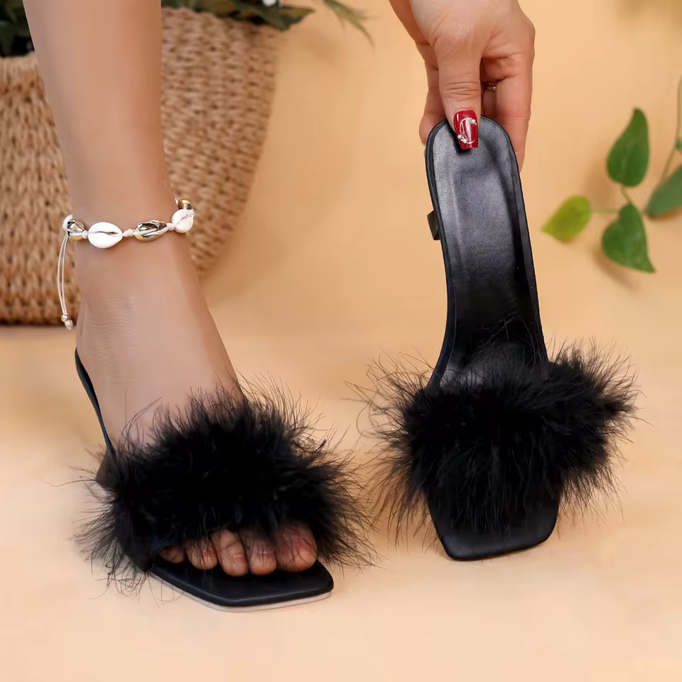  women's casual high heels with soft chicken hair design and black high-heeled sandals   