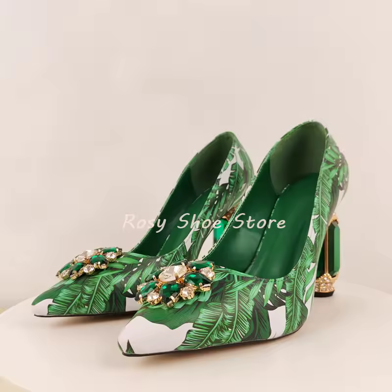  Women's Pumps Large Emerald Embellished Unique Heel Pointed Toe 