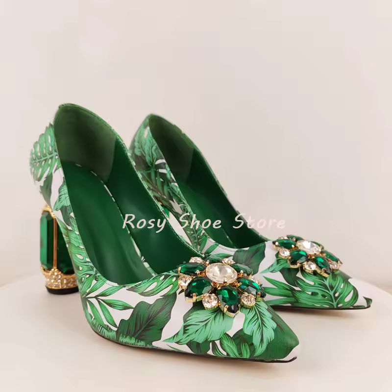  Women's Pumps Large Emerald Embellished Unique Heel Pointed Toe 