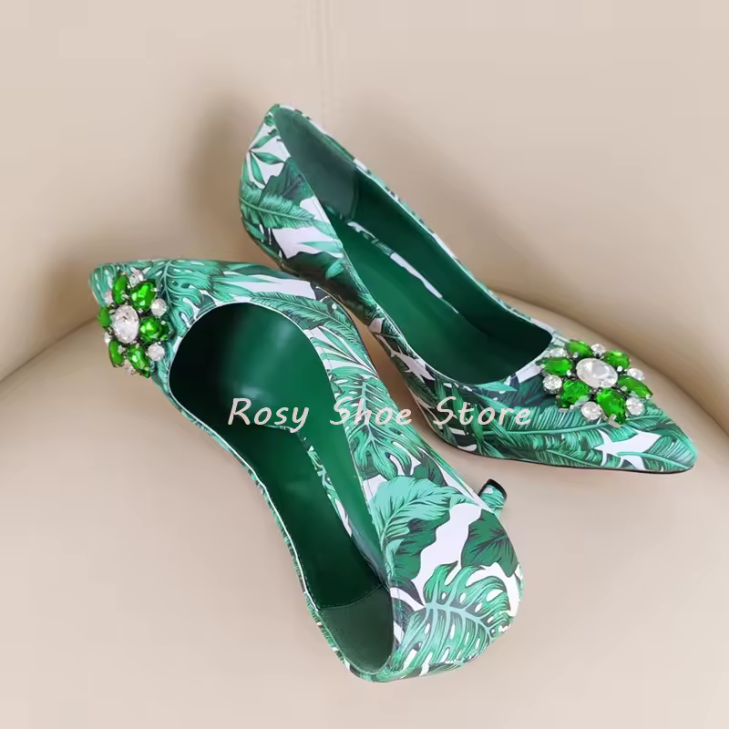  Women's Pumps Large Emerald Embellished Unique Heel Pointed Toe 
