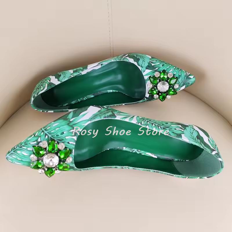  Women's Pumps Large Emerald Embellished Unique Heel Pointed Toe 