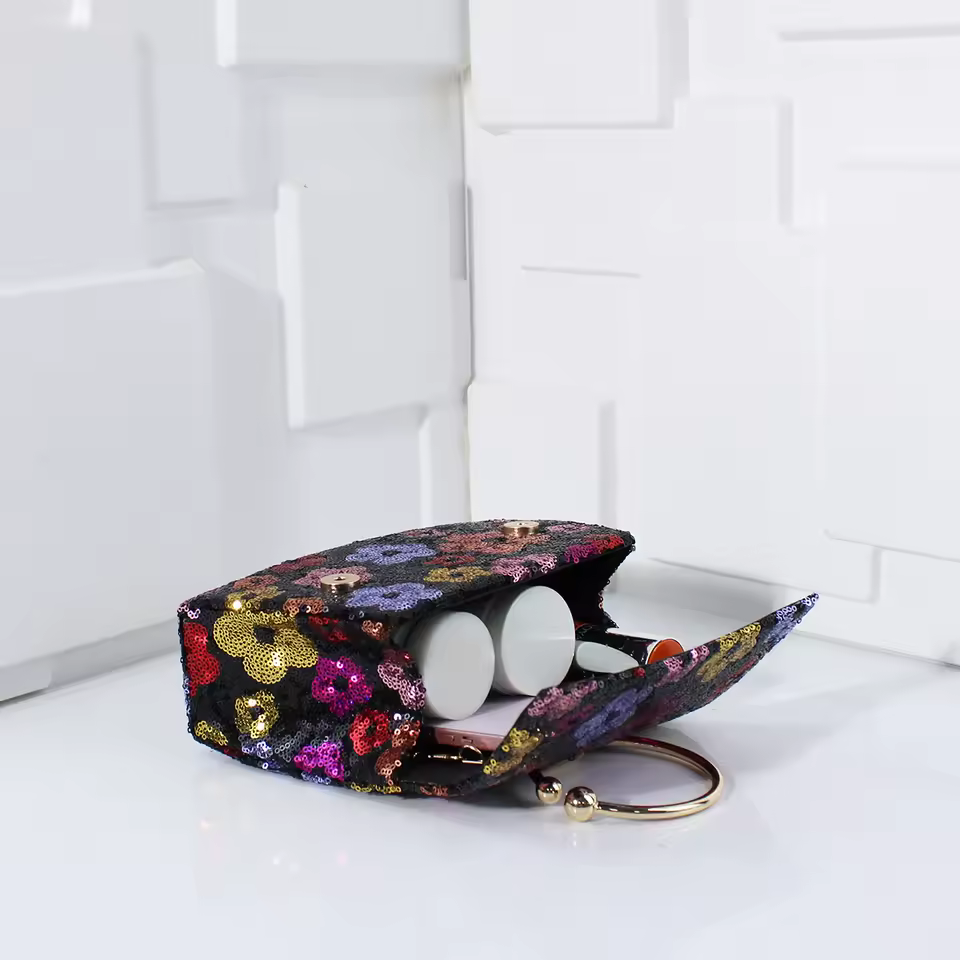 Women Shiny Sequins Handbag Colorful Flowers Party Clutch Purse Chain Shoulder Bags  