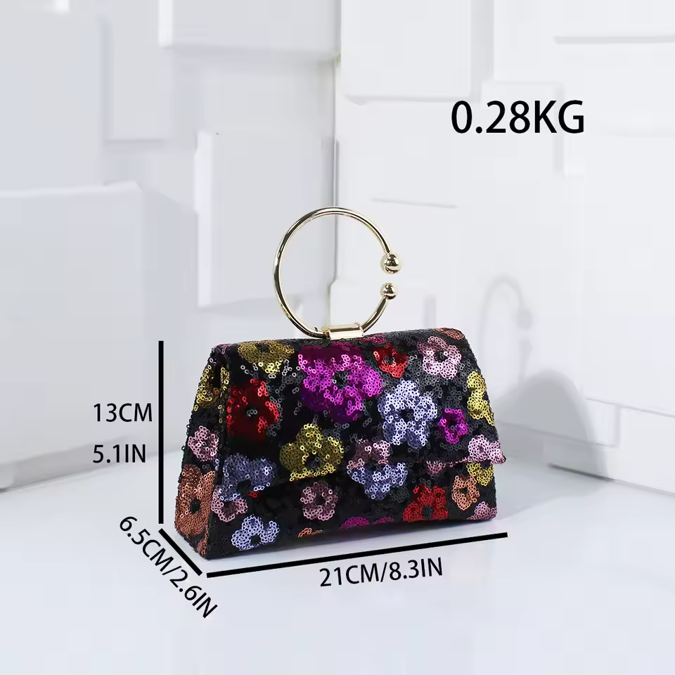 Women Shiny Sequins Handbag Colorful Flowers Party Clutch Purse Chain Shoulder Bags  