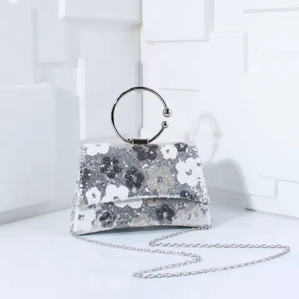 Women Shiny Sequins Handbag Colorful Flowers Party Clutch Purse Chain Shoulder Bags  