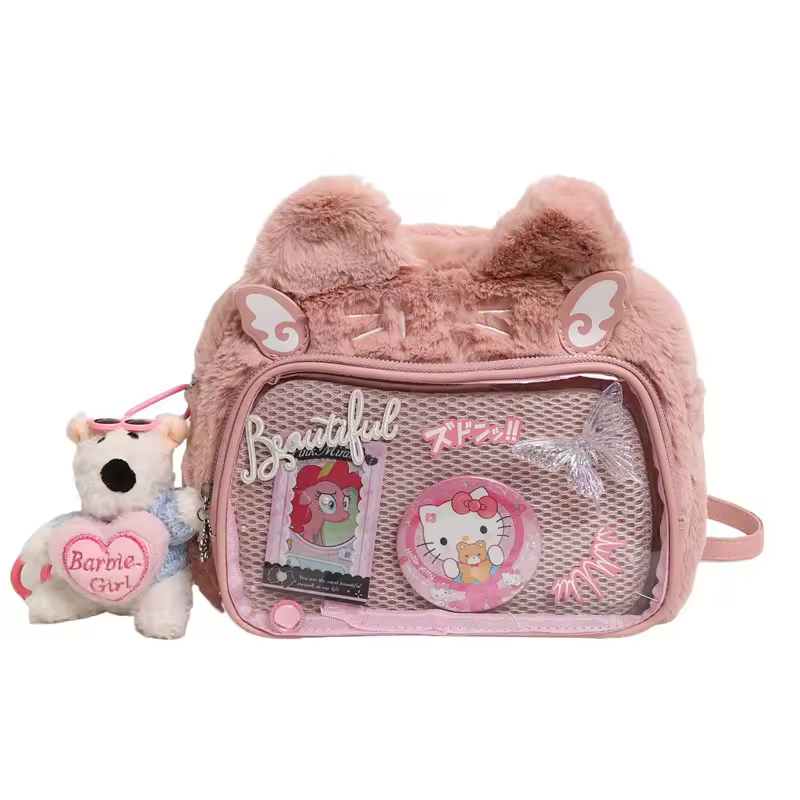 Cross-border cute cat plush pain bag double shoulder messenger bag for student 