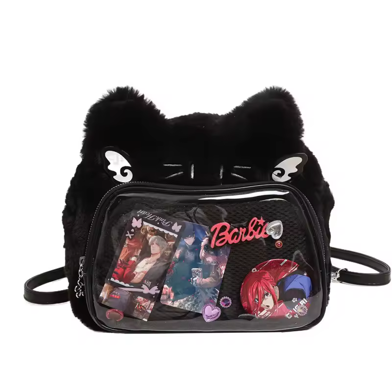 Cross-border cute cat plush pain bag double shoulder messenger bag for student 